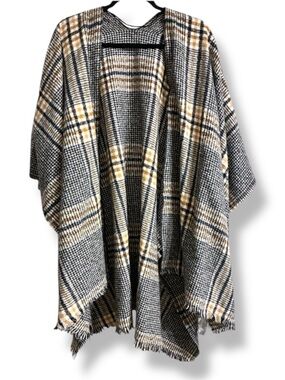 🖤 Old Navy Plaid Ruana Wrap One Size Fringe Hem GUC